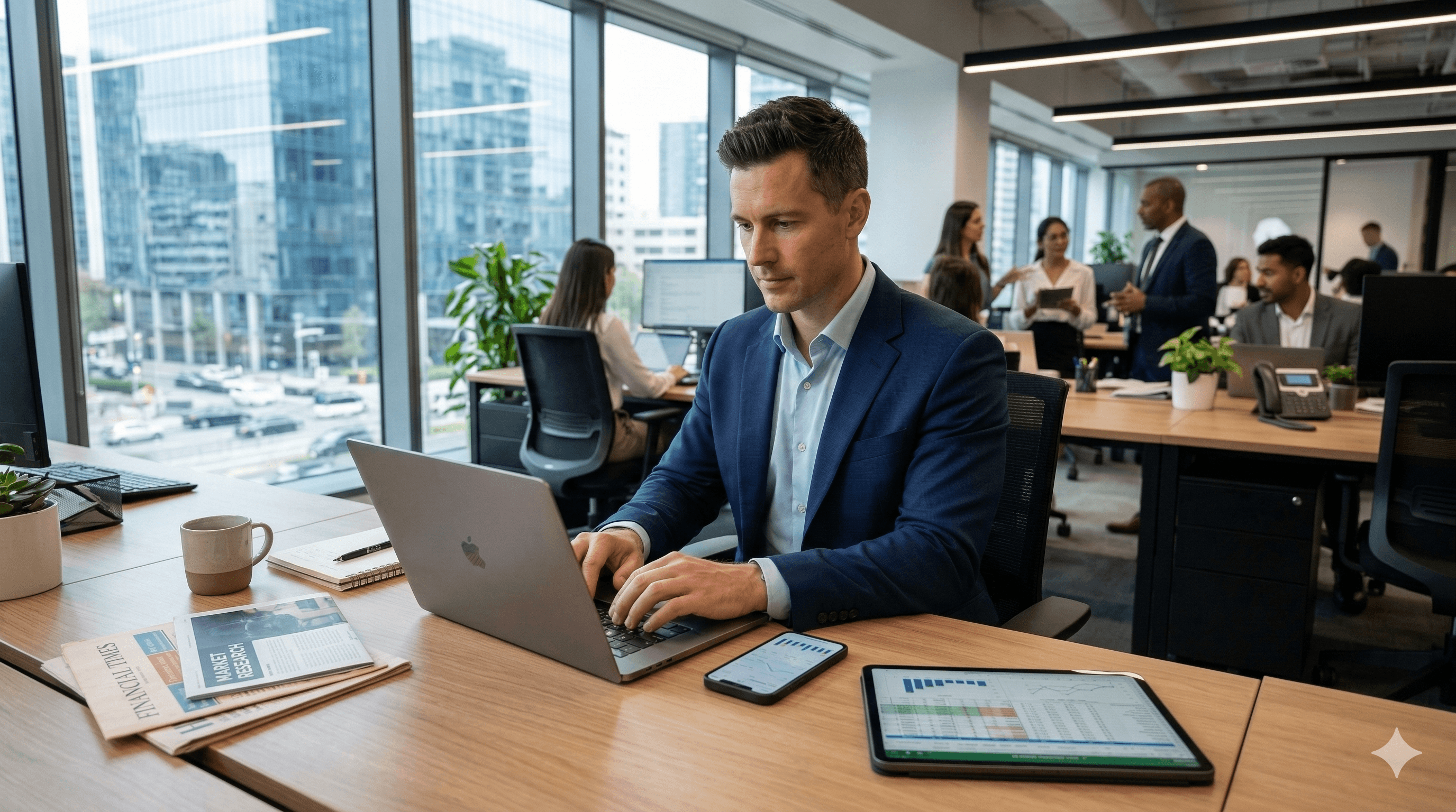 A professional office setting with a focused individual typing on a laptop at a desk, surrounded by modern technology and charts, highlighting the theme of innovative financial research and investment strategy.