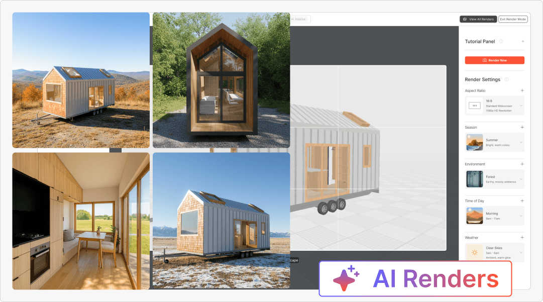 Preview of AI Renders and the 3D Tiny House Designer in render mode
