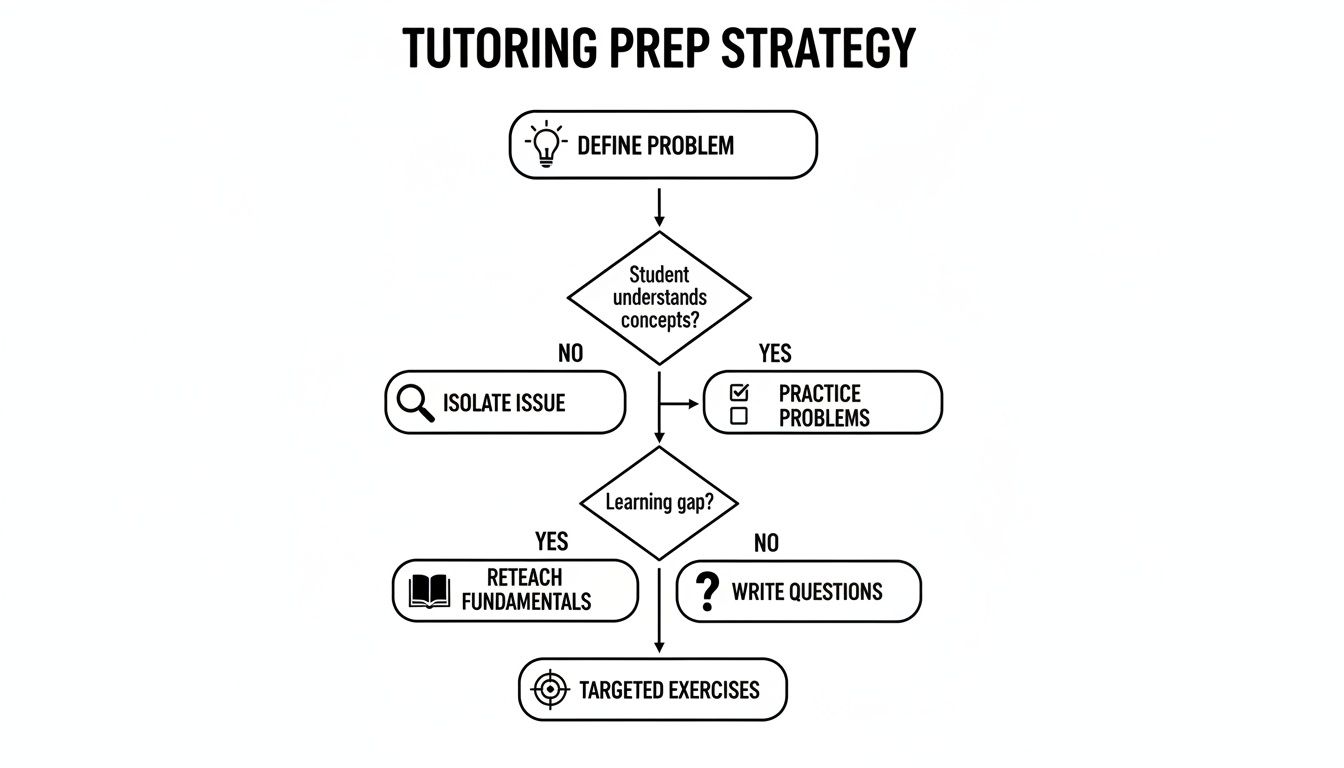 A flowchart detailing a tutoring prep strategy from defining the problem to targeted exercises.