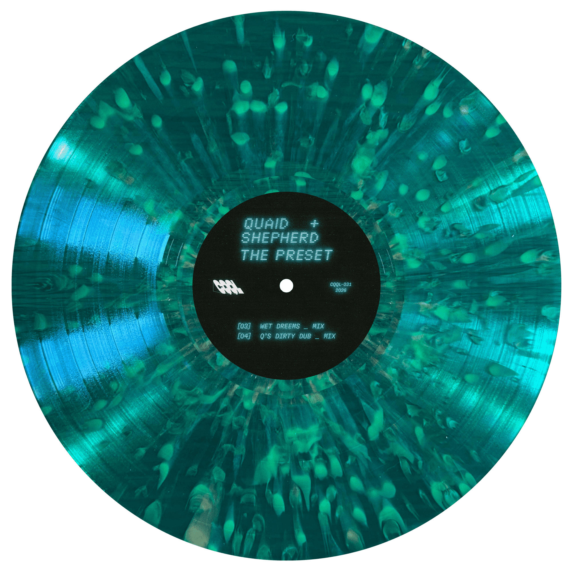 Vinyl record with a green and blue gradient and visible text on a white background