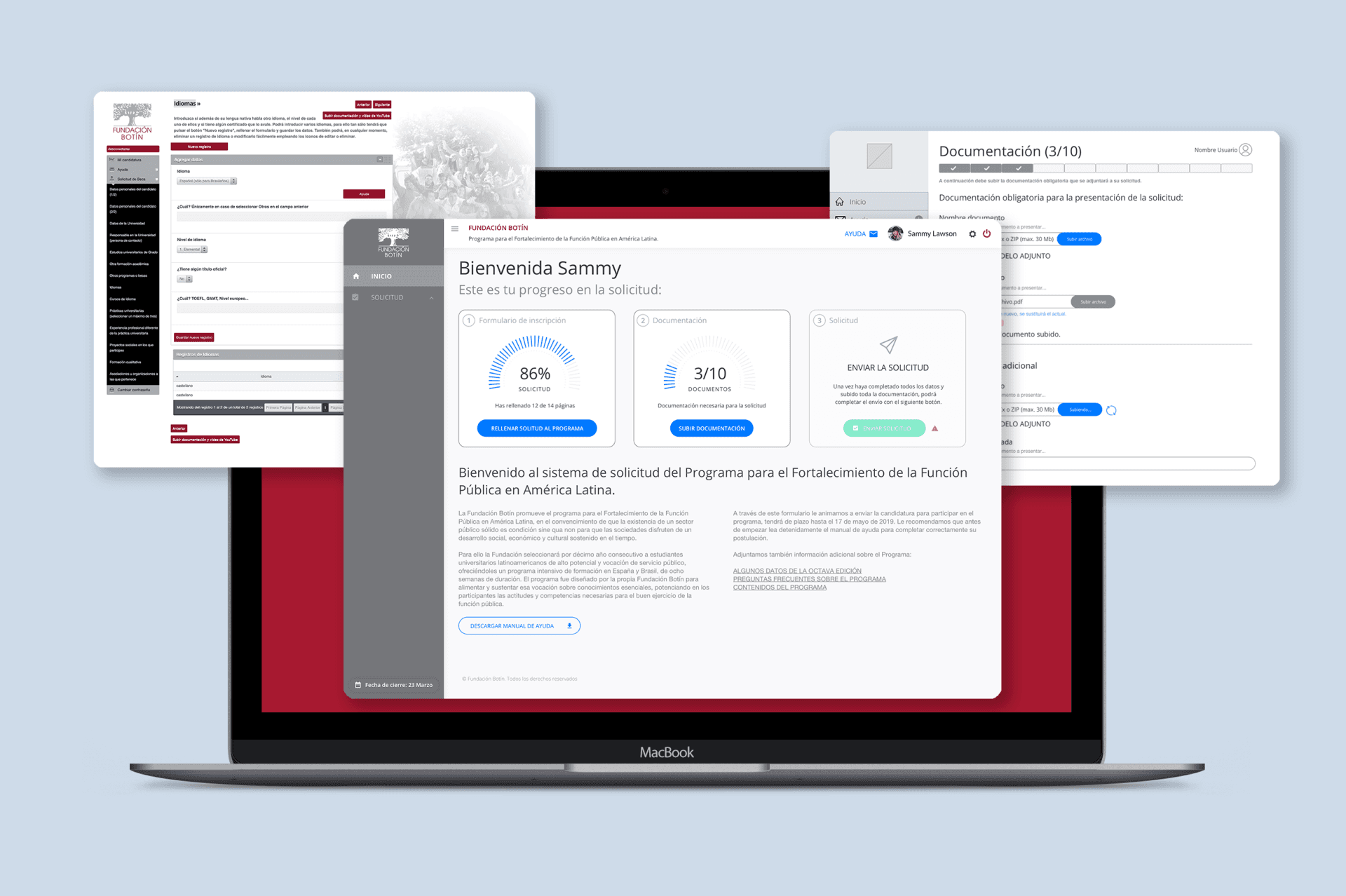Pantalla de formulario de solicitud para el Programa de Fortalecimiento de la Función Pública en América Latina mostrando progreso y documentación requerida.