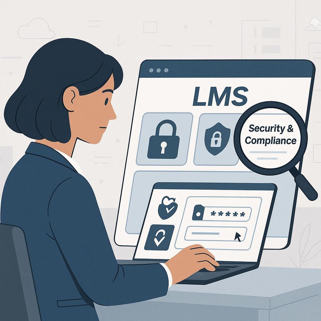 A corporate, clean, illustrative image depicting an L&D or HR professional interacting with a tablet or laptop screen, focused on evaluating an LMS. The screen displays a clear, user-friendly LMS interface, with specific icons or highlighted sections representing robust security features like a prominent padlock, encryption symbols, and a secure login dialogue. A magnifying glass hovers over a section titled 