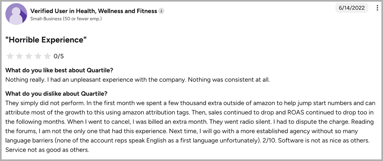 Quartile user review describing poor performance results @@ Quartile user review describing poor performance results