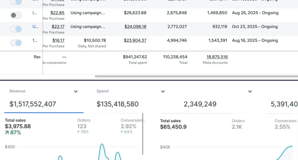 Ads Manager and store dashboards: ad spend, revenue and sales