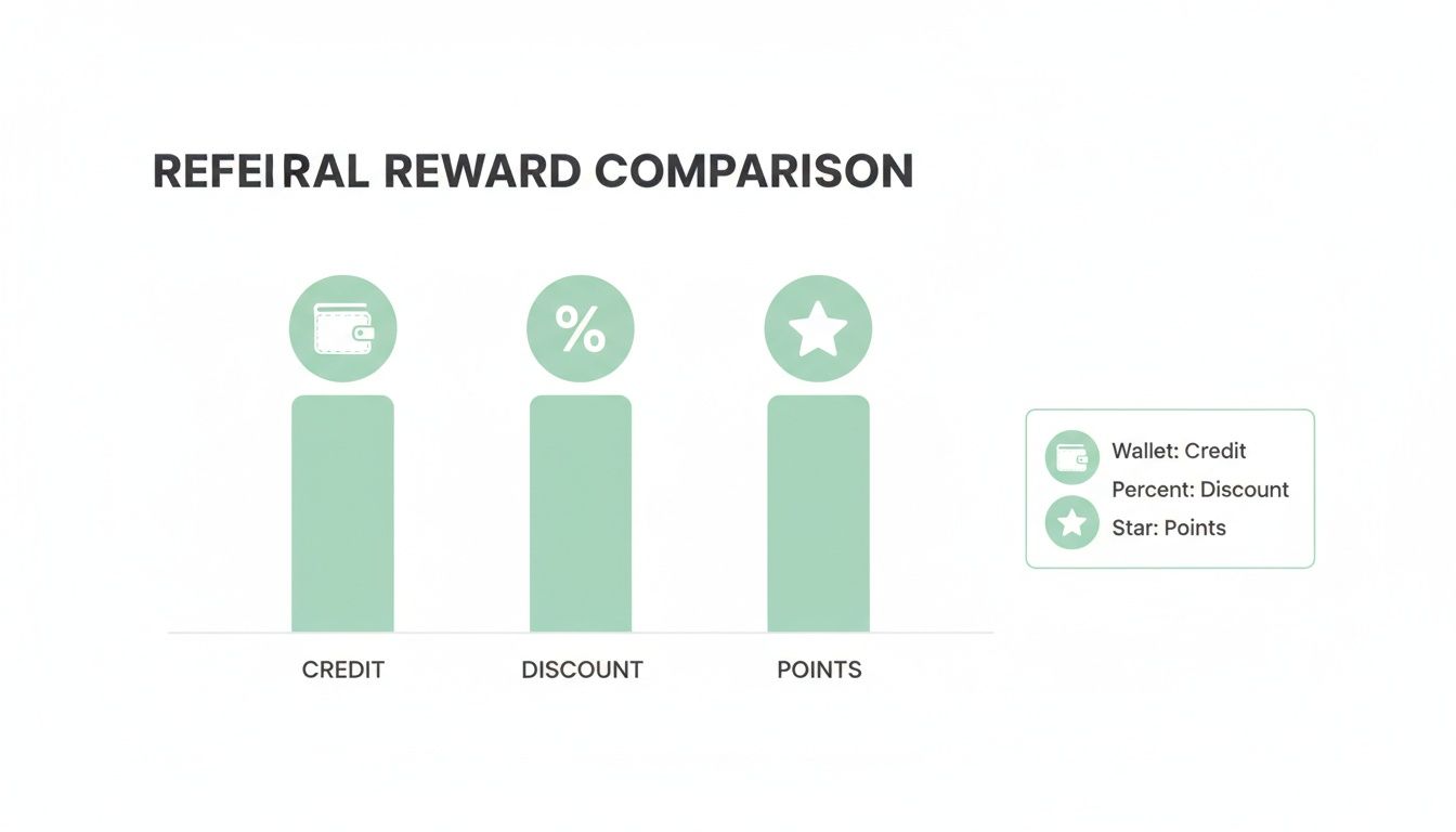 Infographic comparing three referral reward types: credit (wallet), discount (percent), and points (star).