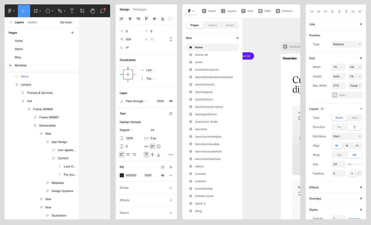 A comparison of the interfaces of Figma (left) and Framer (right).
