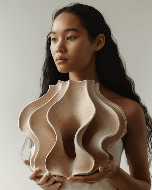 A serene woman holding a flowing, organic wooden sculpture with intricate curves and natural texture, set against a minimal background.