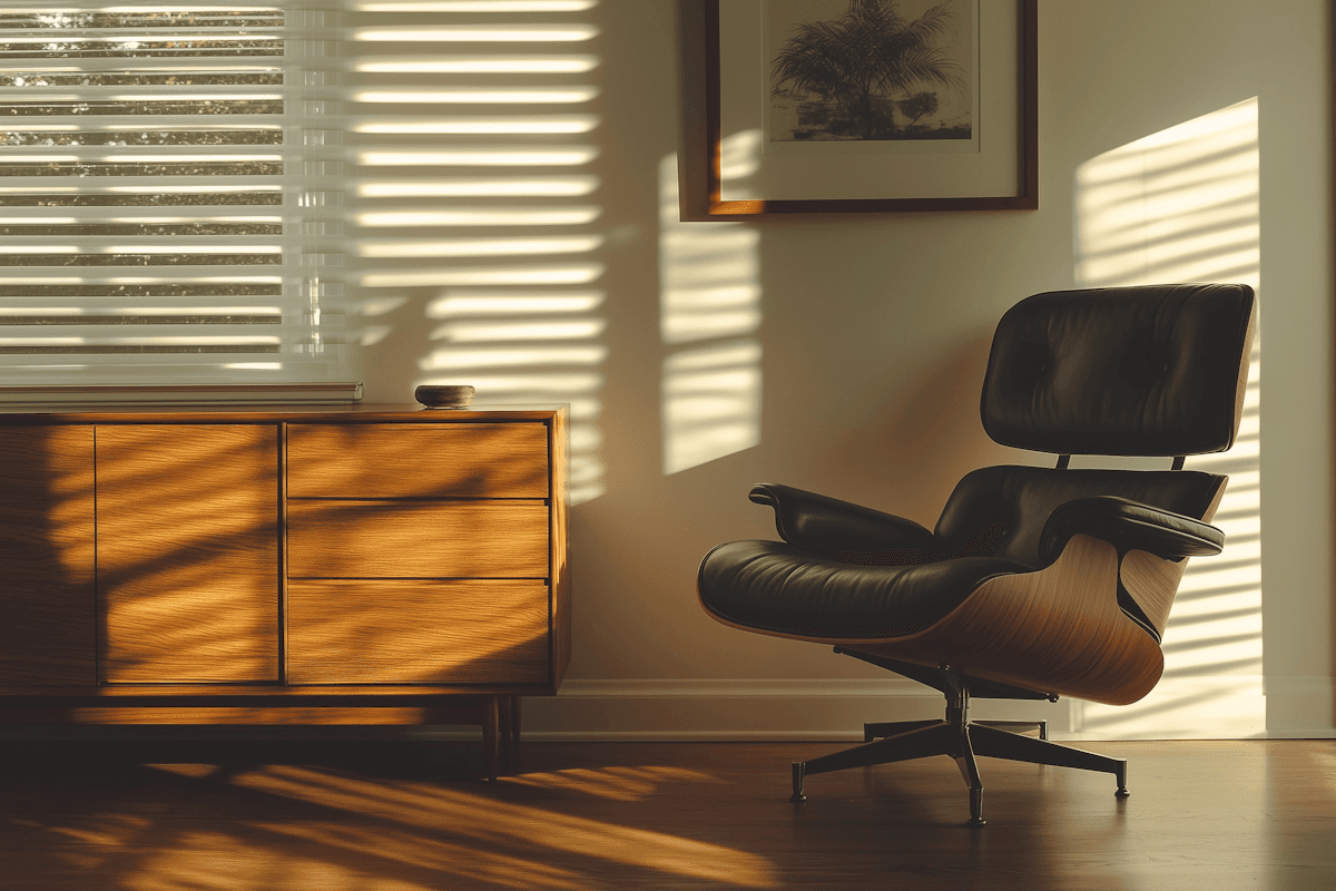 Mid-century lounge chair beside warm sunlight and wooden furniture