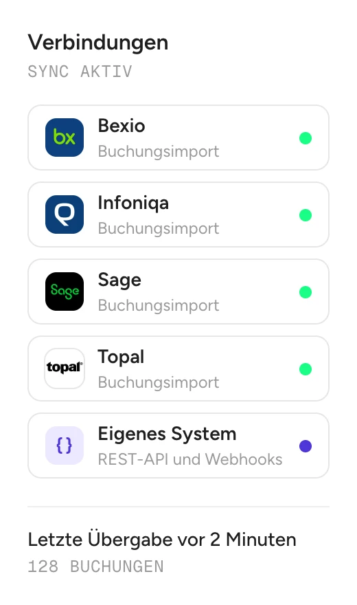 Connections to accounting software and systems for booking transfers.