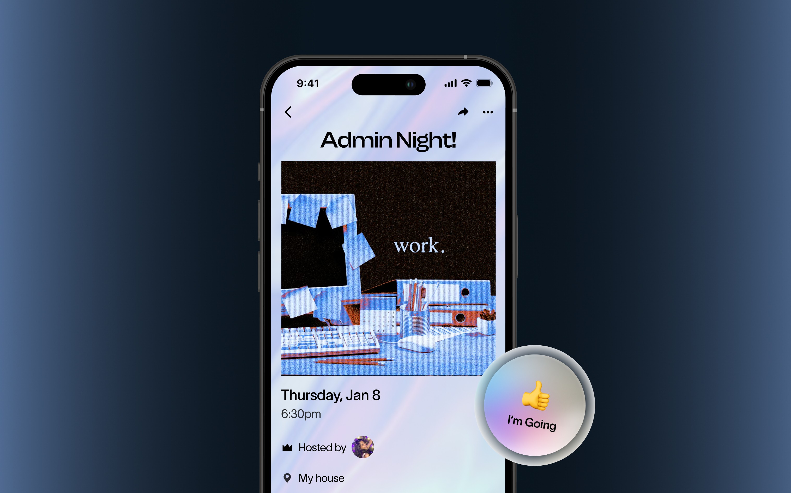 Partiful event page for an admin night, showing the event title, date, and RSVP buttons in a colorful interface.