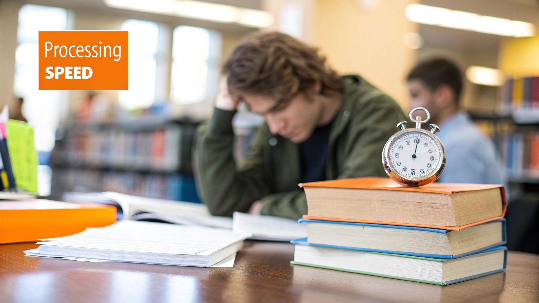 A student studies intently in a library with books and a stopwatch, emphasizing processing speed.