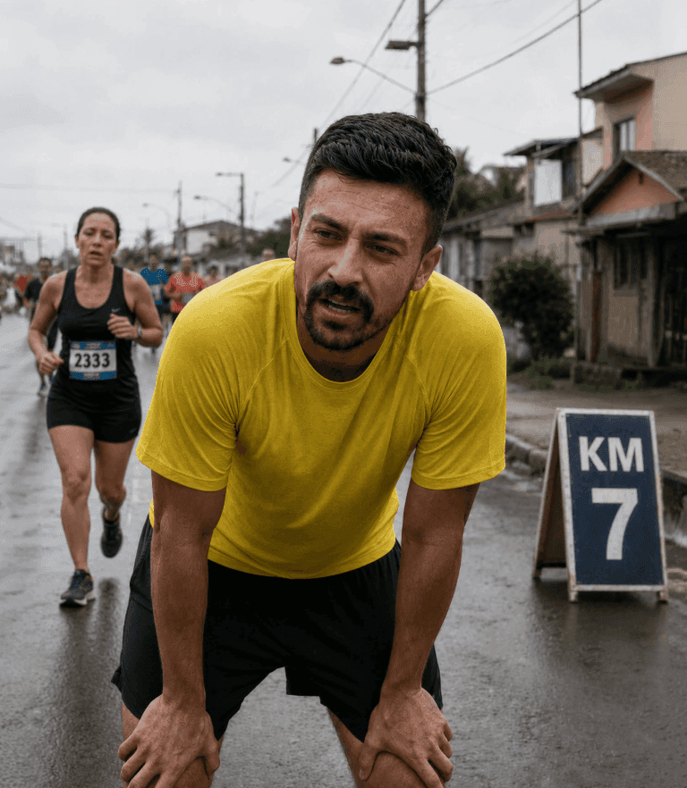 Corredor amador cansado durante corrida de rua tentando sustentar o ritmo próximo dos 10KM.