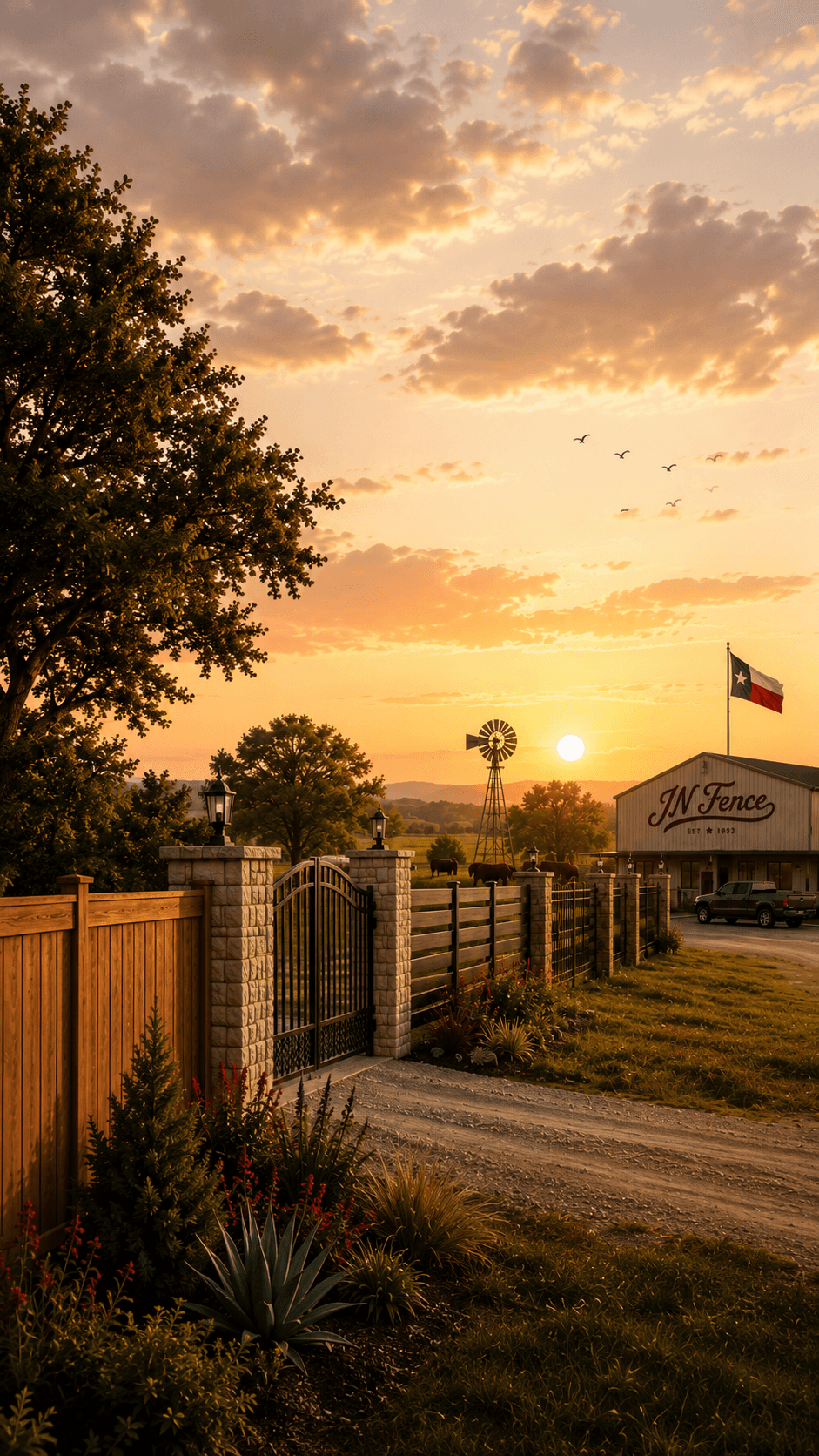 Sunset over JN Fence headquarters with custom wood, iron, and chain-link fencing