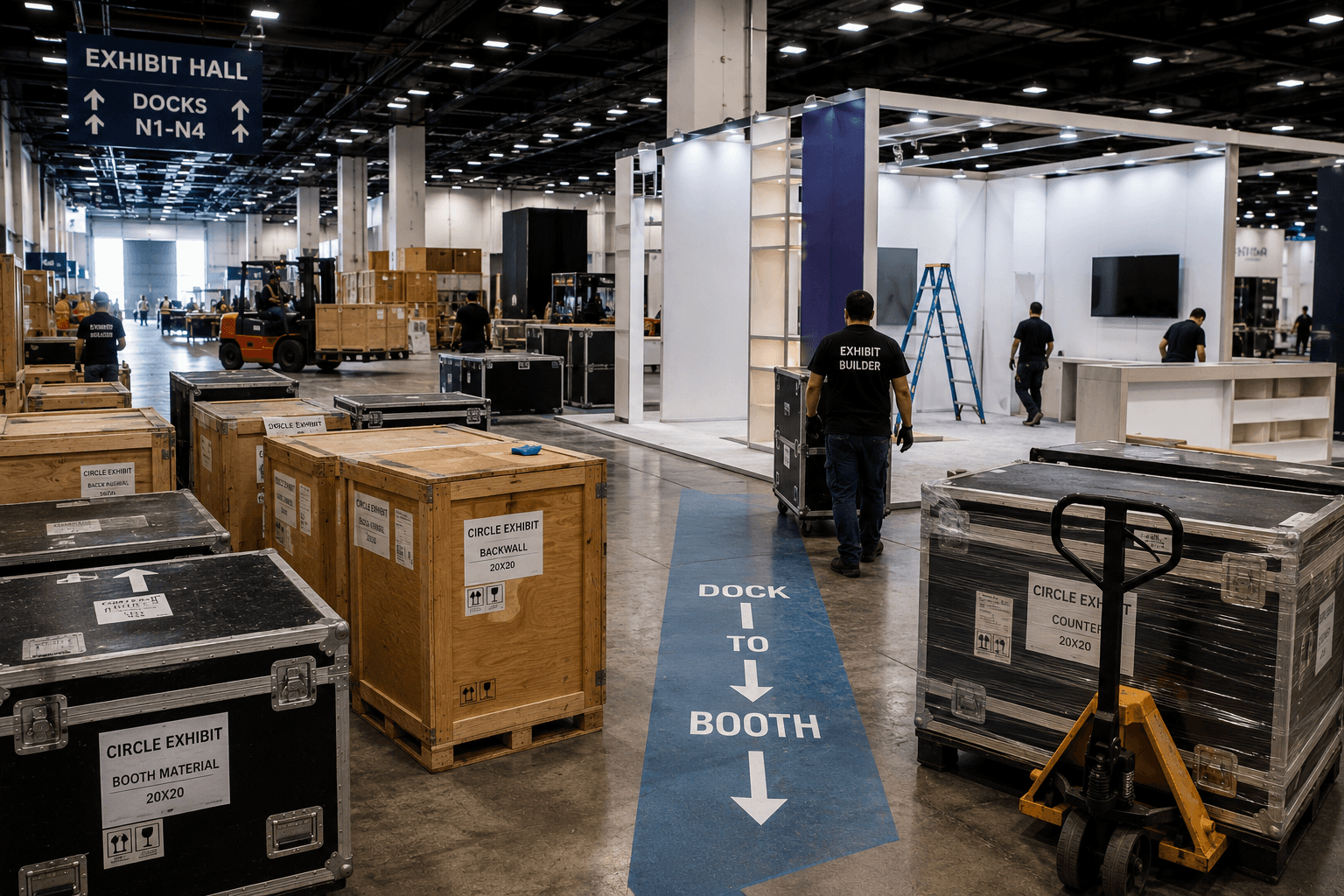 Las Vegas trade show drayage scene with booth freight crates, staged pallets, modular booth components, and dock-to-booth movement for setup planning