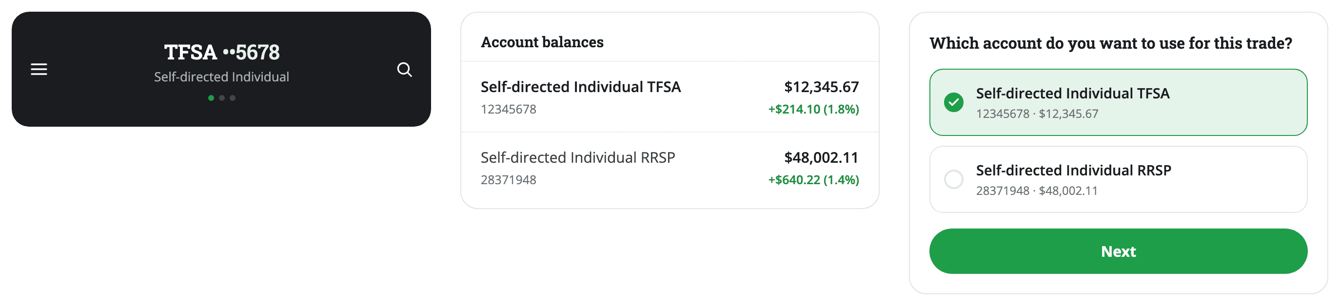 Questrade customer account API product screens