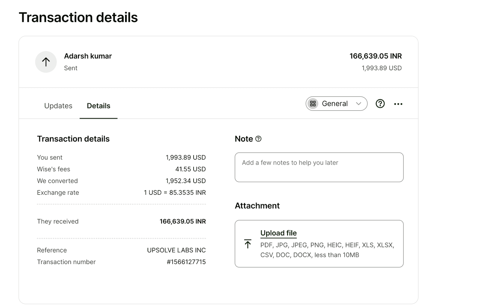 Wise transaction fee screenshot on $2000 payment