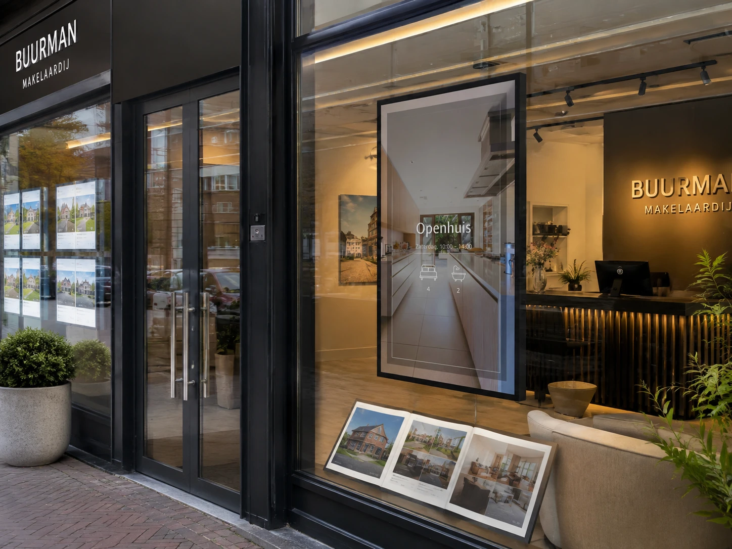 Narrowcasting voor vastgoed in de etalage van een makelaarskantoor toont het actuele woningaanbod om potentiële kopers aan te trekken en beschikbare huizen te promoten.