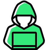 A hooded figure sitting with a laptop, representing a hacker or cybersecurity theme.