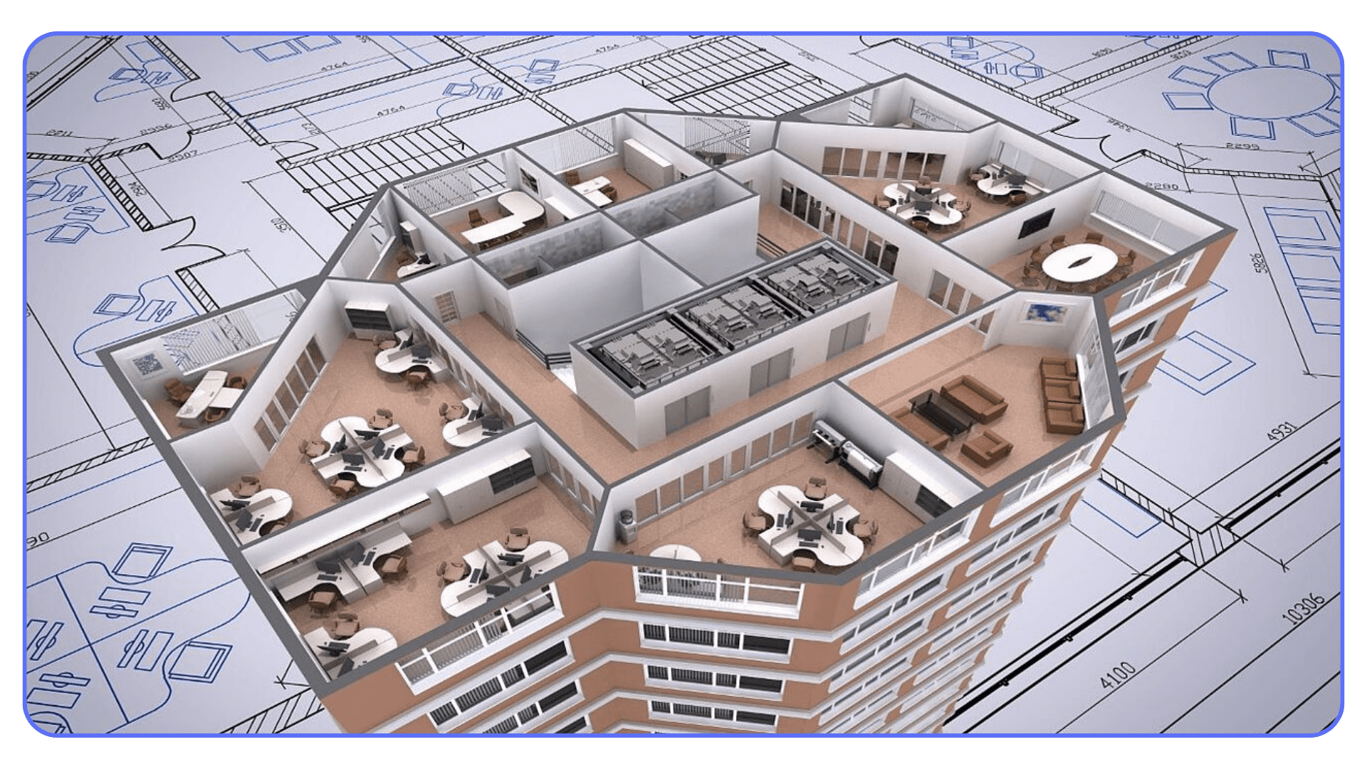 3D cutaway view of a multi-story office building overlaid on architectural blueprints