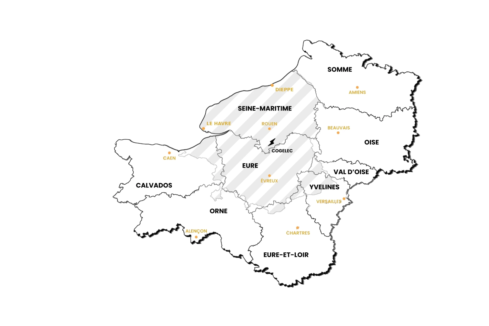 Zone d'intervention de Cogelec : Seine-Maritime, Eure et départements limitrophes