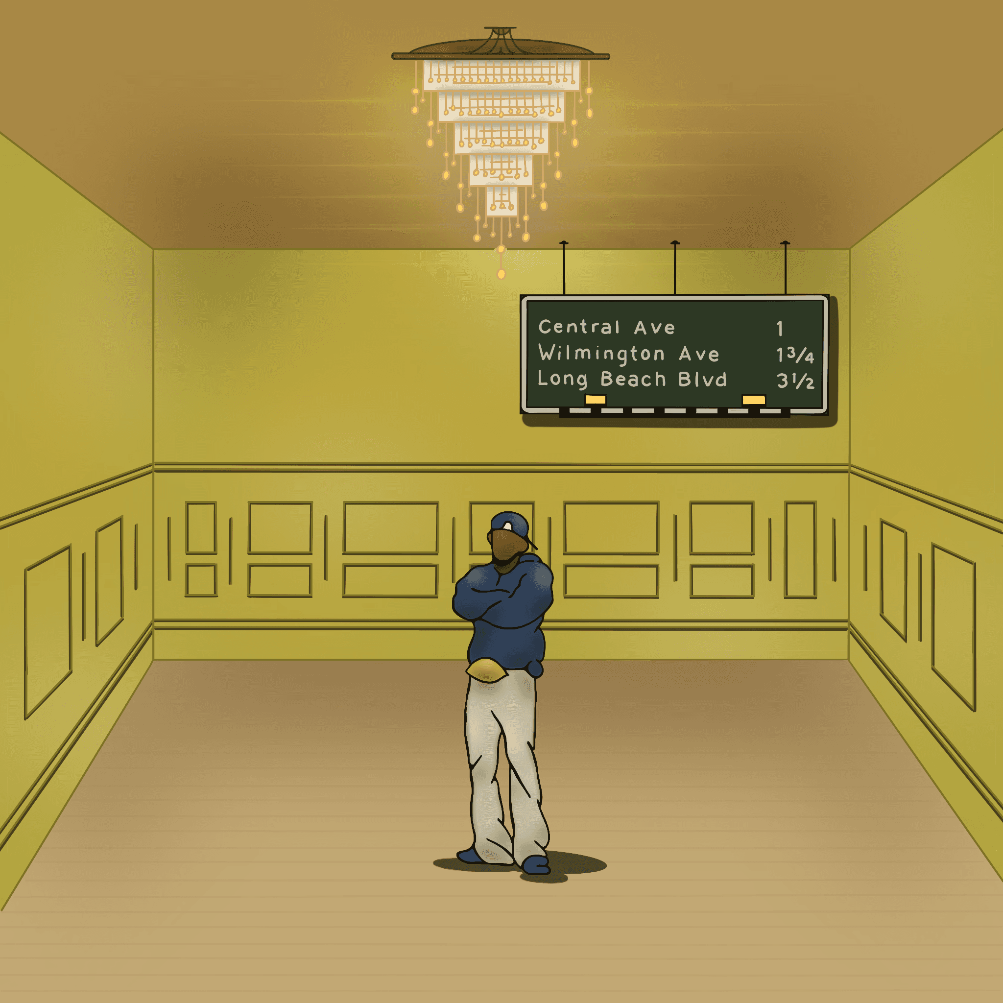 Illustration of Kendrick Lamar standing confidently inside an empty room.