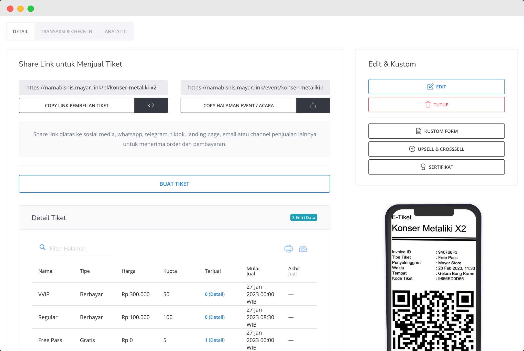 mayar untuk event organizer, ticketing sistem