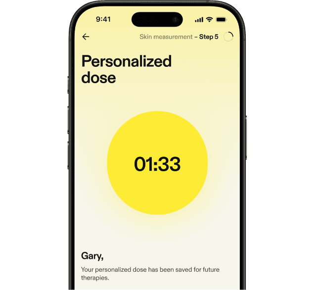Mobile app screen showing a personalized dose timer at 01:33, with a large yellow circle and confirmation message that the dose has been saved.