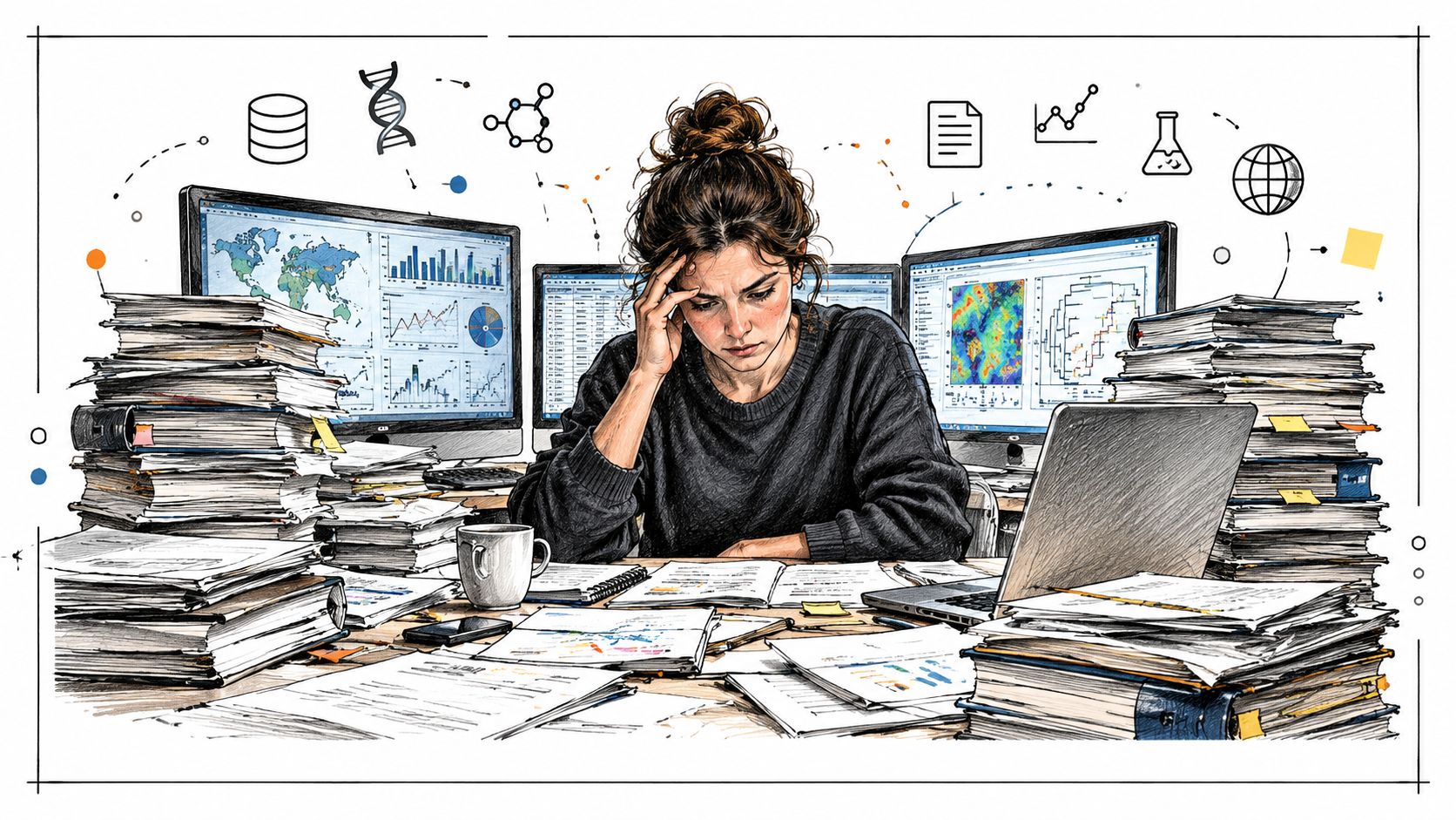 A woman looks stressed while sitting at a desk surrounded by large piles of papers and multiple monitors.