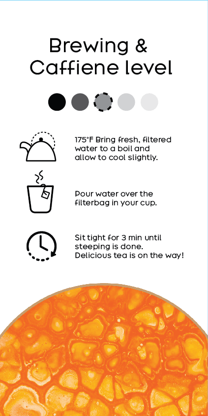 brewing instructions and caffiene levels with minimalist iconography. there's a photo of a close up of honey on the bottom of the label
