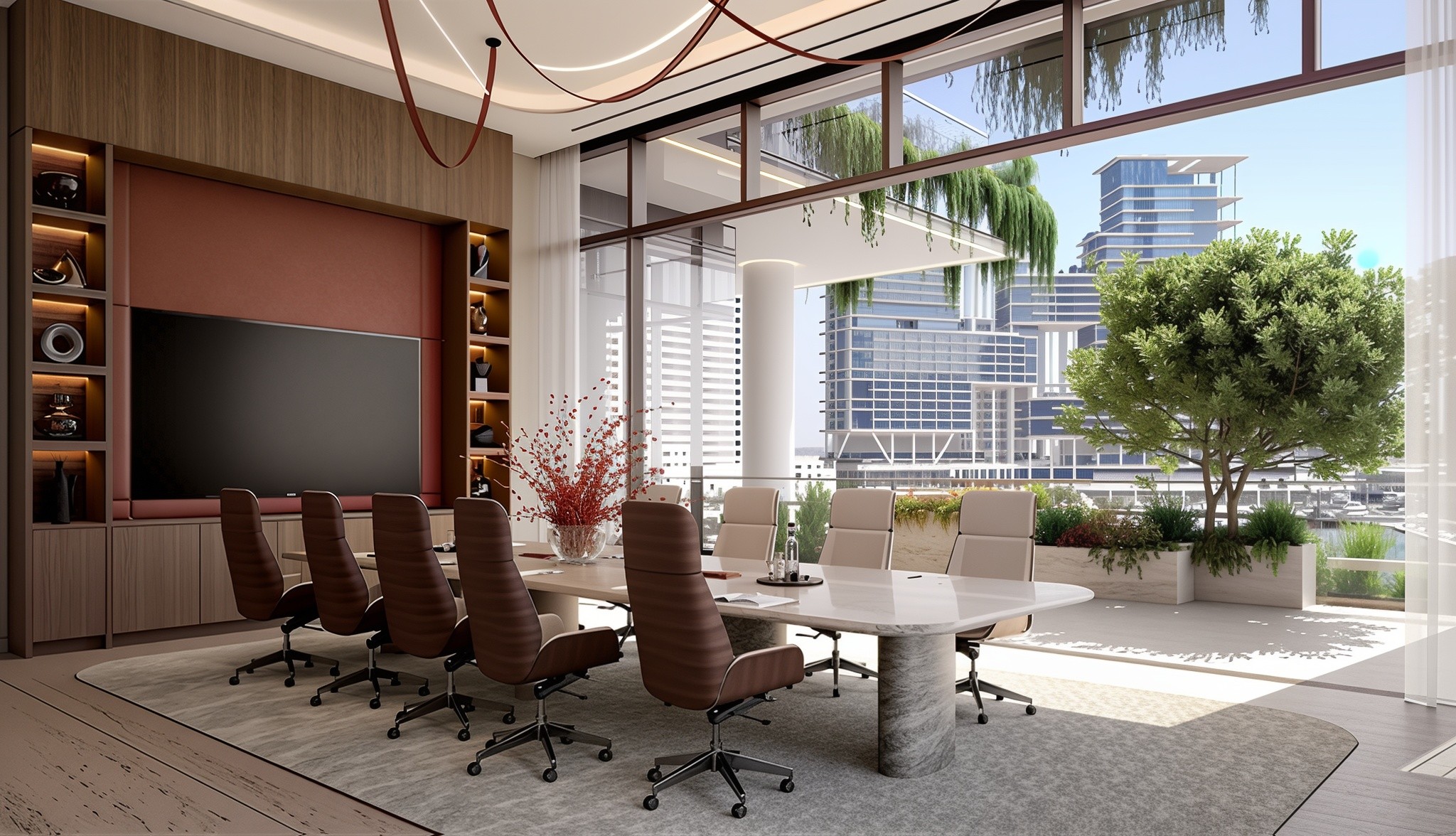Elegant lobby of Enara by Omniyat, showcasing expansive windows that enhance the luxury atmosphere.