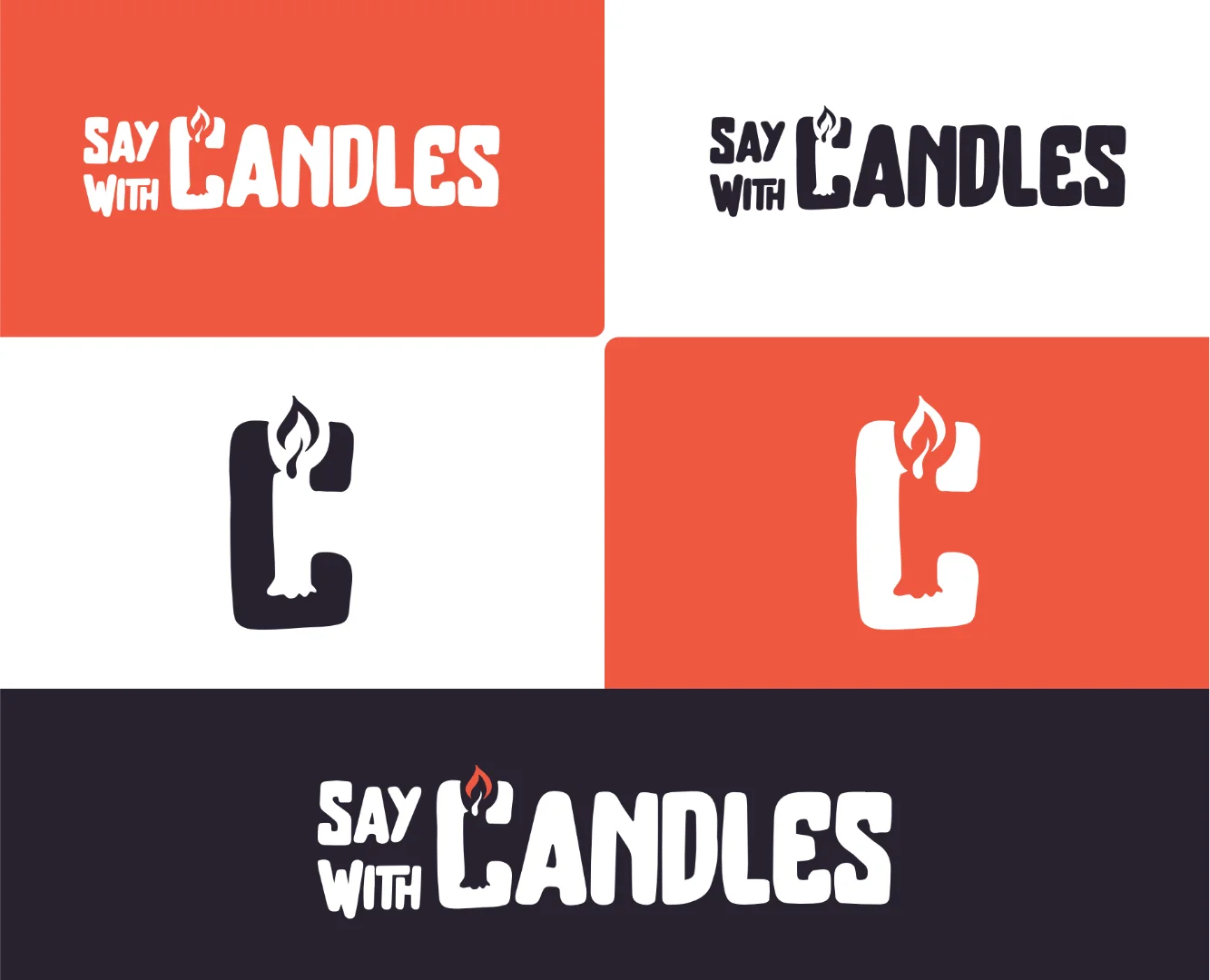 Brand identity and logo variations for Say With Candles, designed by Subiaco graphic designer Andrew Salfinger, showcasing a custom 'C' candle icon across coral and charcoal colorways.