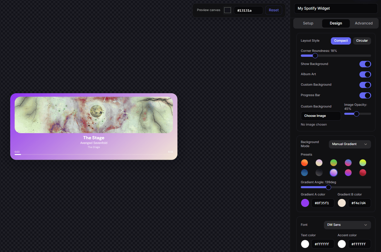 StreamSpell Music Widget editor showing a customized Spotify now-playing widget and design controls