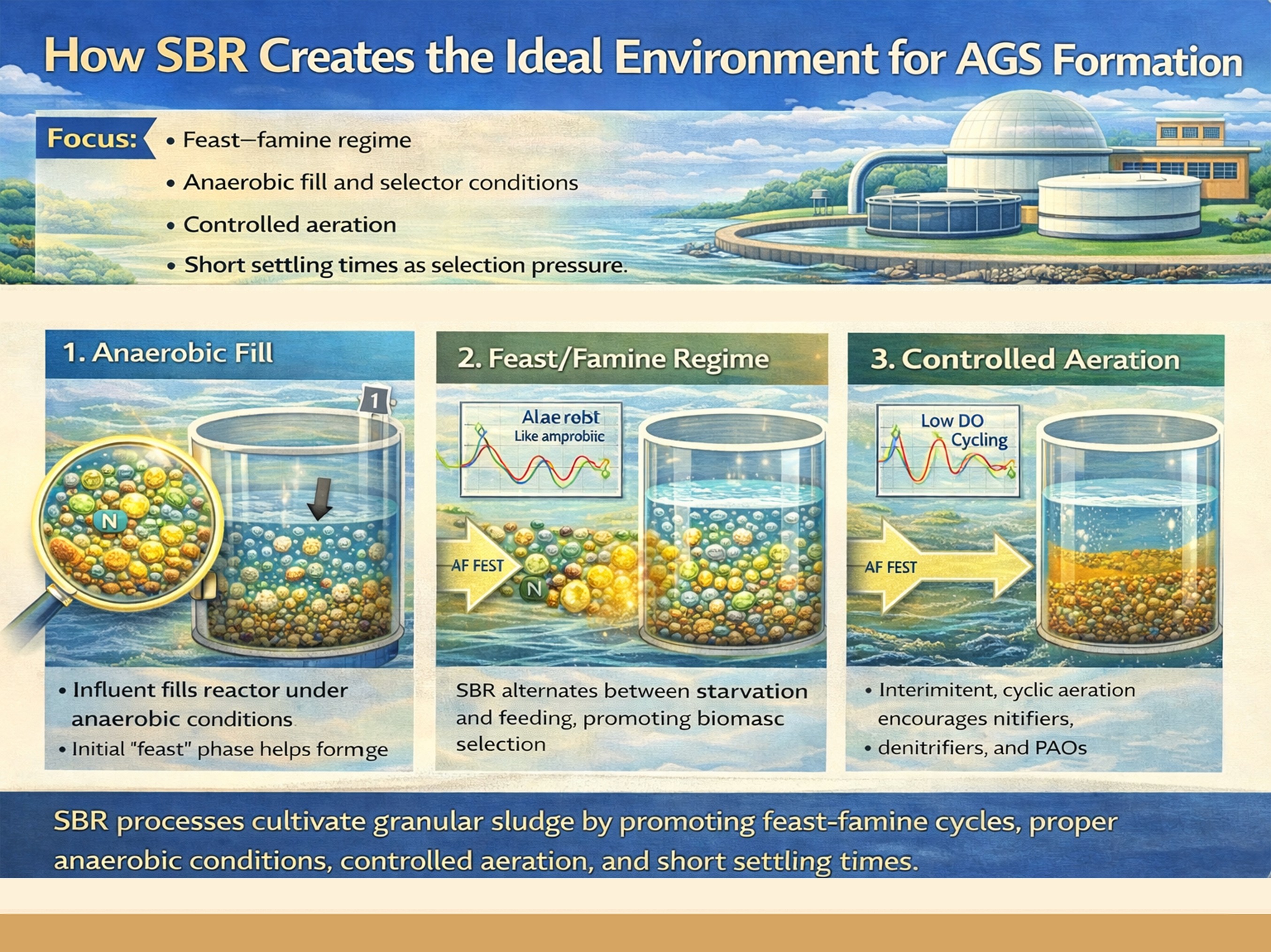 SBR process infographic showing anaerobic fill, feast–famine regime and controlled aeration for AGS formation in STPs.