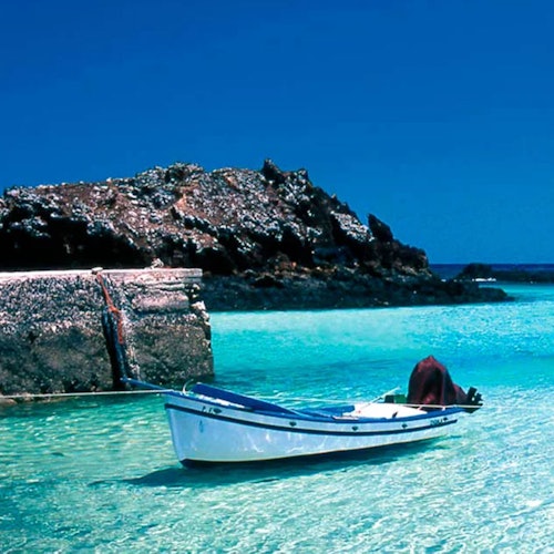 一艘小白船漂浮在清澈的碧绿色海水上，靠近岩石海岸，在明亮的蓝天之下。