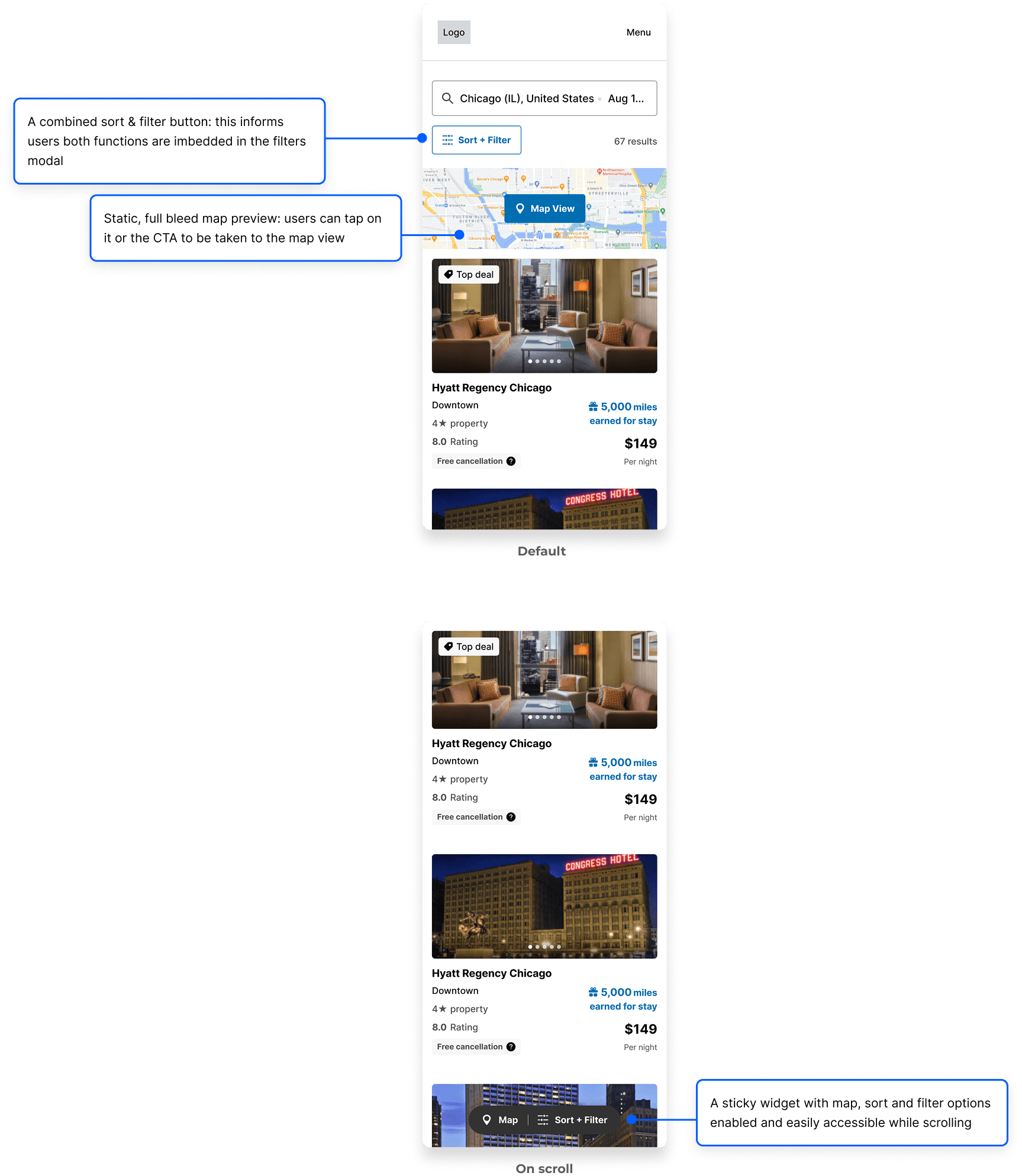 An image of final mobile designs showing a combined sort and filter button, a static map preview, and a sticky widget with all functions on scroll.