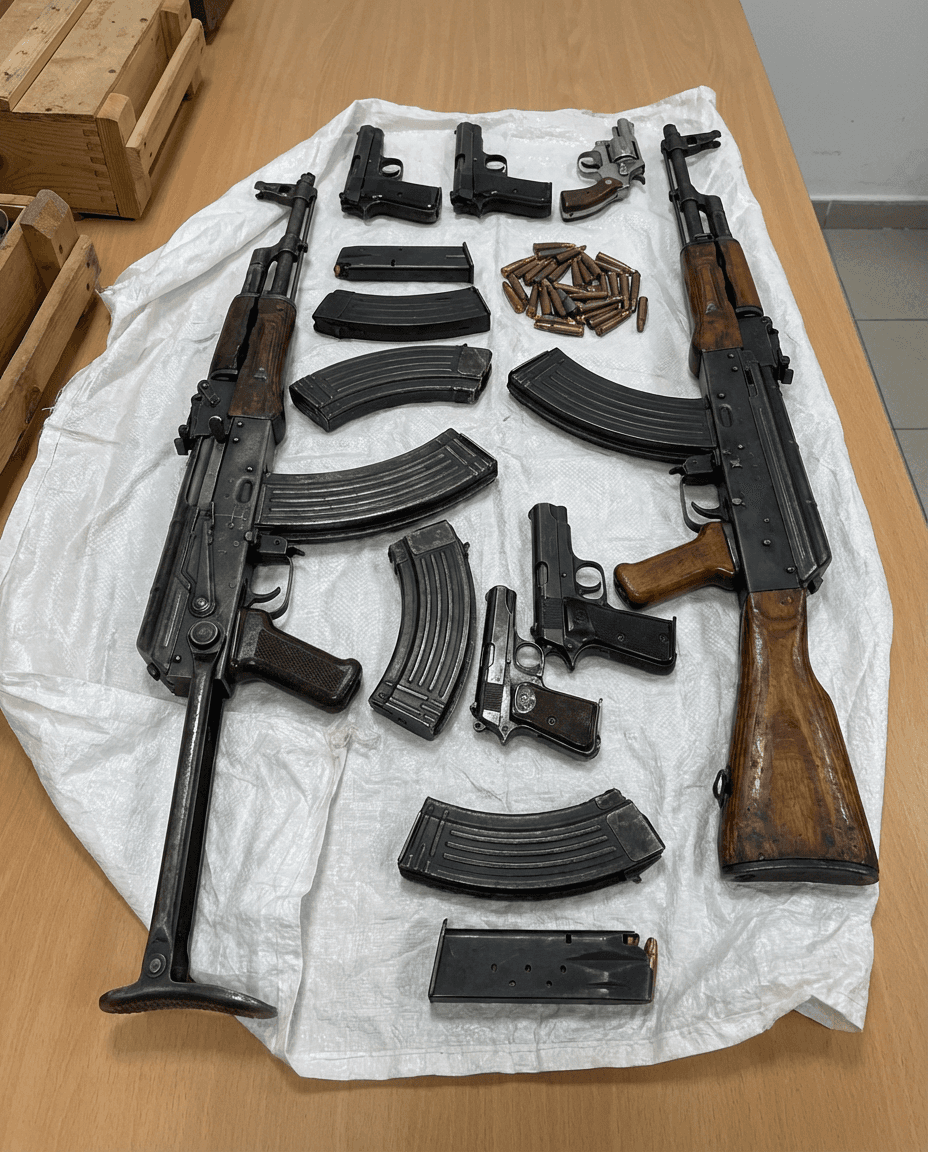 Close-up display of seized illegal firearms including Kalashnikov rifles and ammunition.