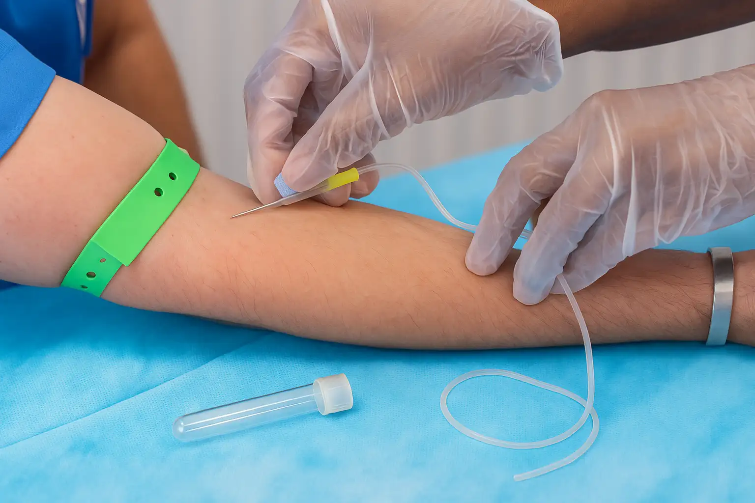 Gloved hands performing a venepuncture procedure on a patient's arm using a butterfly needle, with a green tourniquet and blood collection tube on a blue sterile surface.