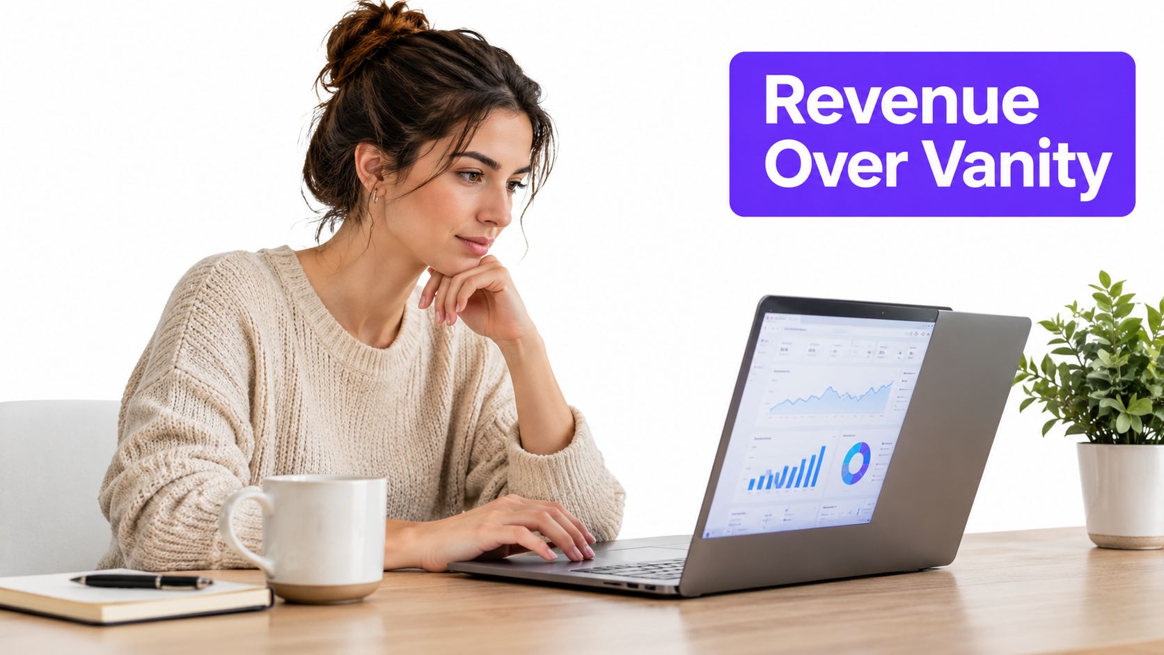 A woman reviewing marketing performance metrics on her laptop with a focus on revenue over vanity analytics.