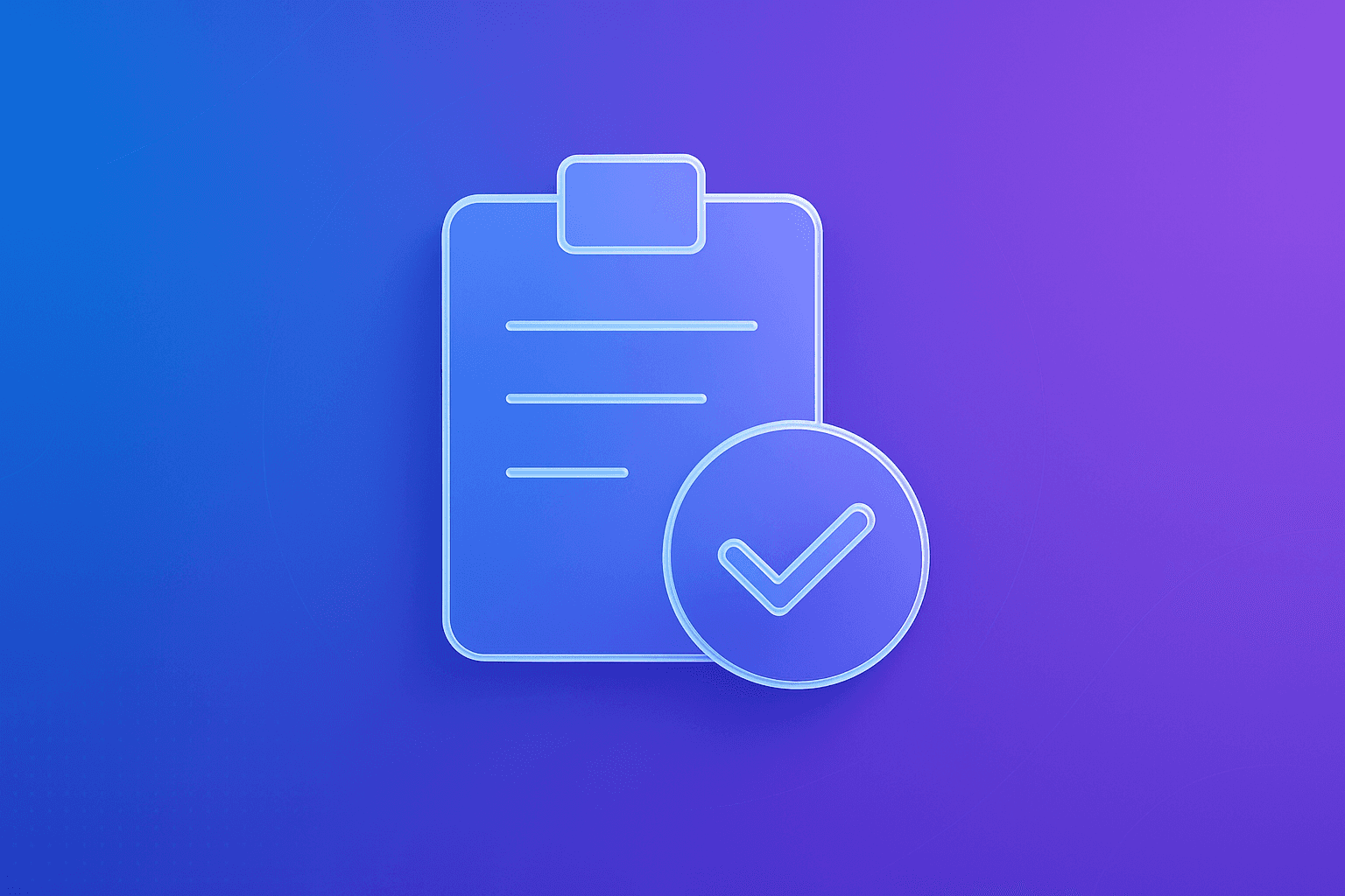 Compliance due diligence clipboard icon with checkmark on a blue and purple gradient background.