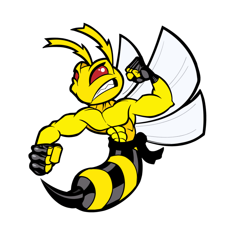 A cartoon bee with muscular arms, looking fierce, wearing a determined expression and showcasing its wings.