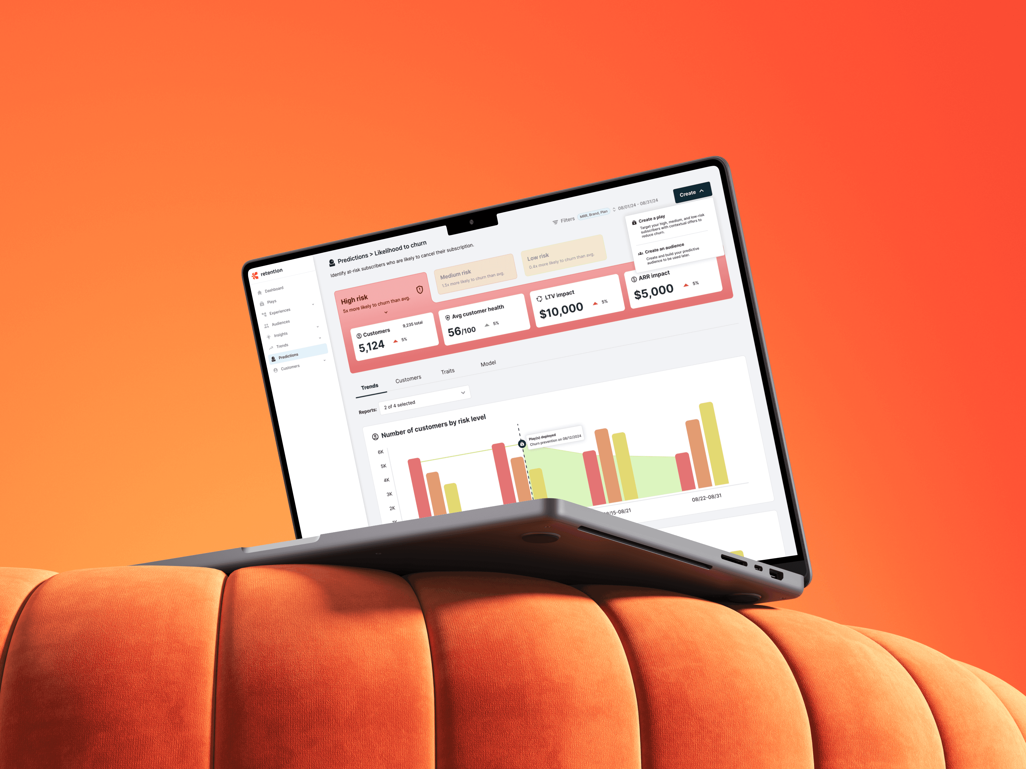 Chargebee Predictive Churn Scores mockup on a laptop with a bright orange background