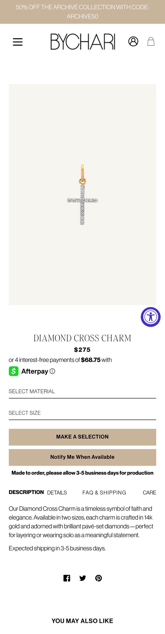 Jewelry product options include: pendant for Diamond Cross Charm from BYCHARI.