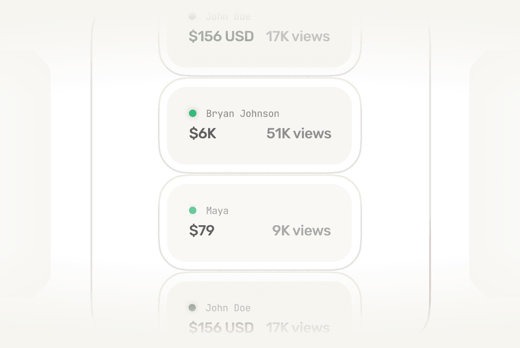 Creator earnings and view metrics displayed in a stacked card layout, showing payouts alongside total views.