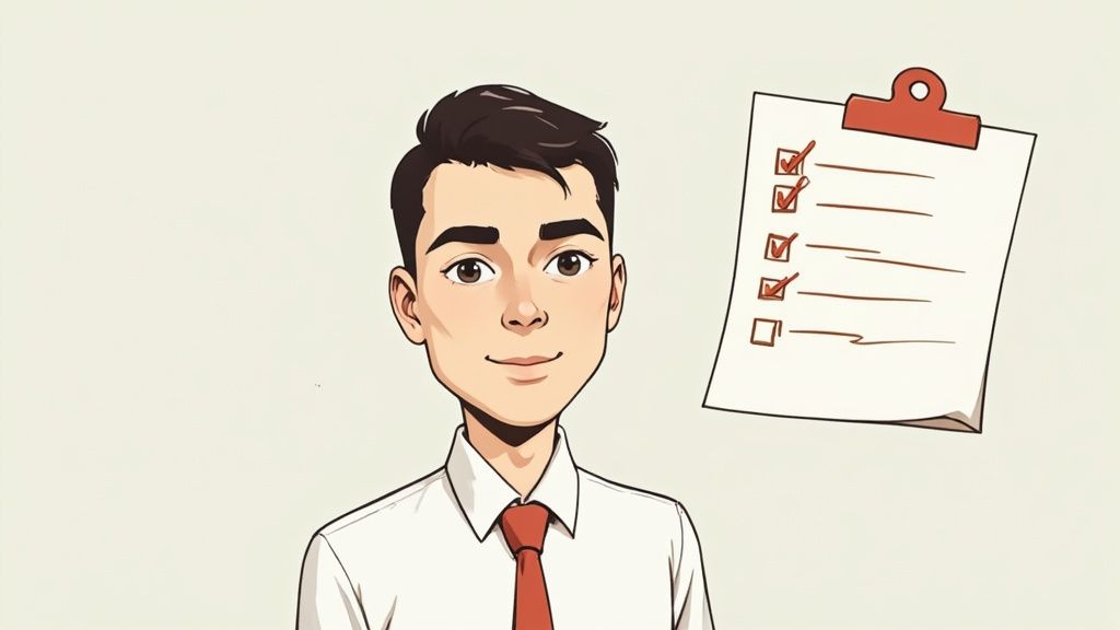 Ein Zeichentrickmann im Hemd und Krawatte blickt auf eine Checkliste mit abgehakten Punkten.