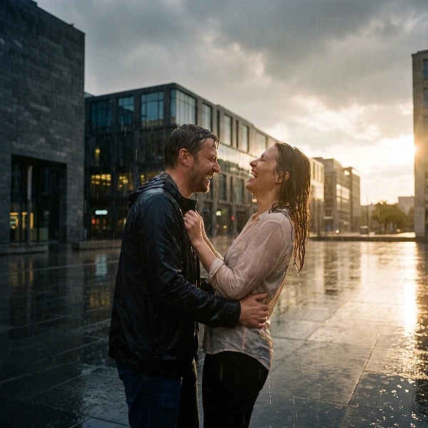 A laughing couple embraces in heavy rain on a city plaza, their wet clothes and reflections glowing beneath a dramatic sunset sky.
