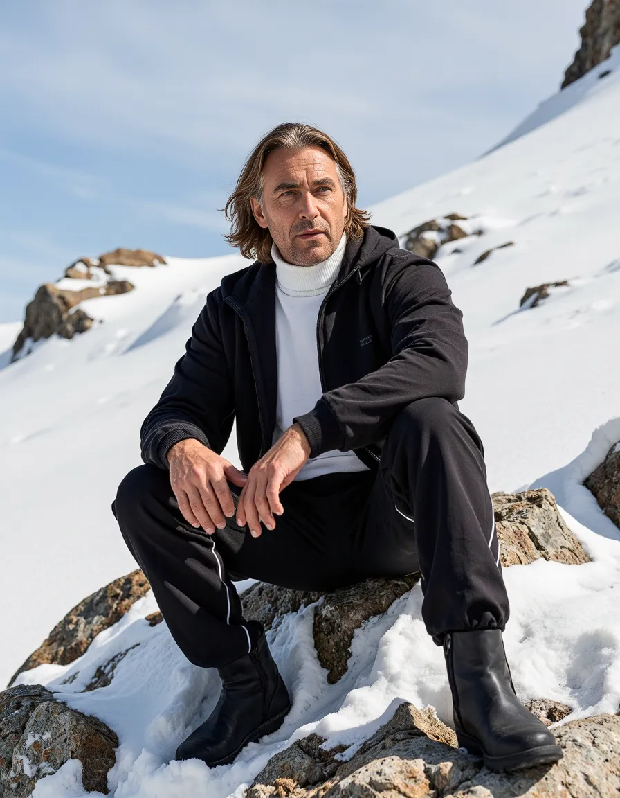 Person in black athleisure wear with white turtleneck sitting on rocky outcrop amid snow-covered mountain landscape under blue sky