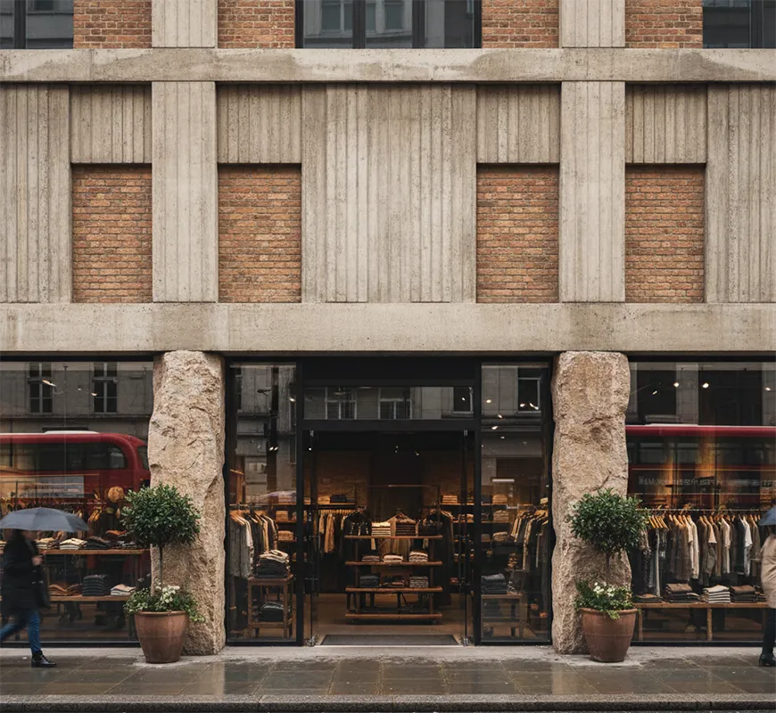 The storefront of a clothing boutique with large stone pillars and a concrete facade