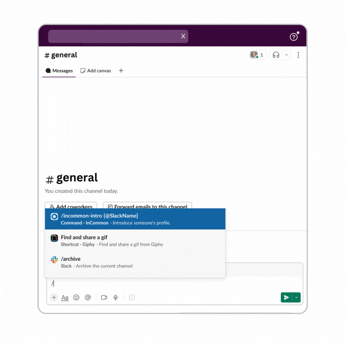 Animation showing someone usingI InCommon's intro Slack command to generate a welcome message for a new employee