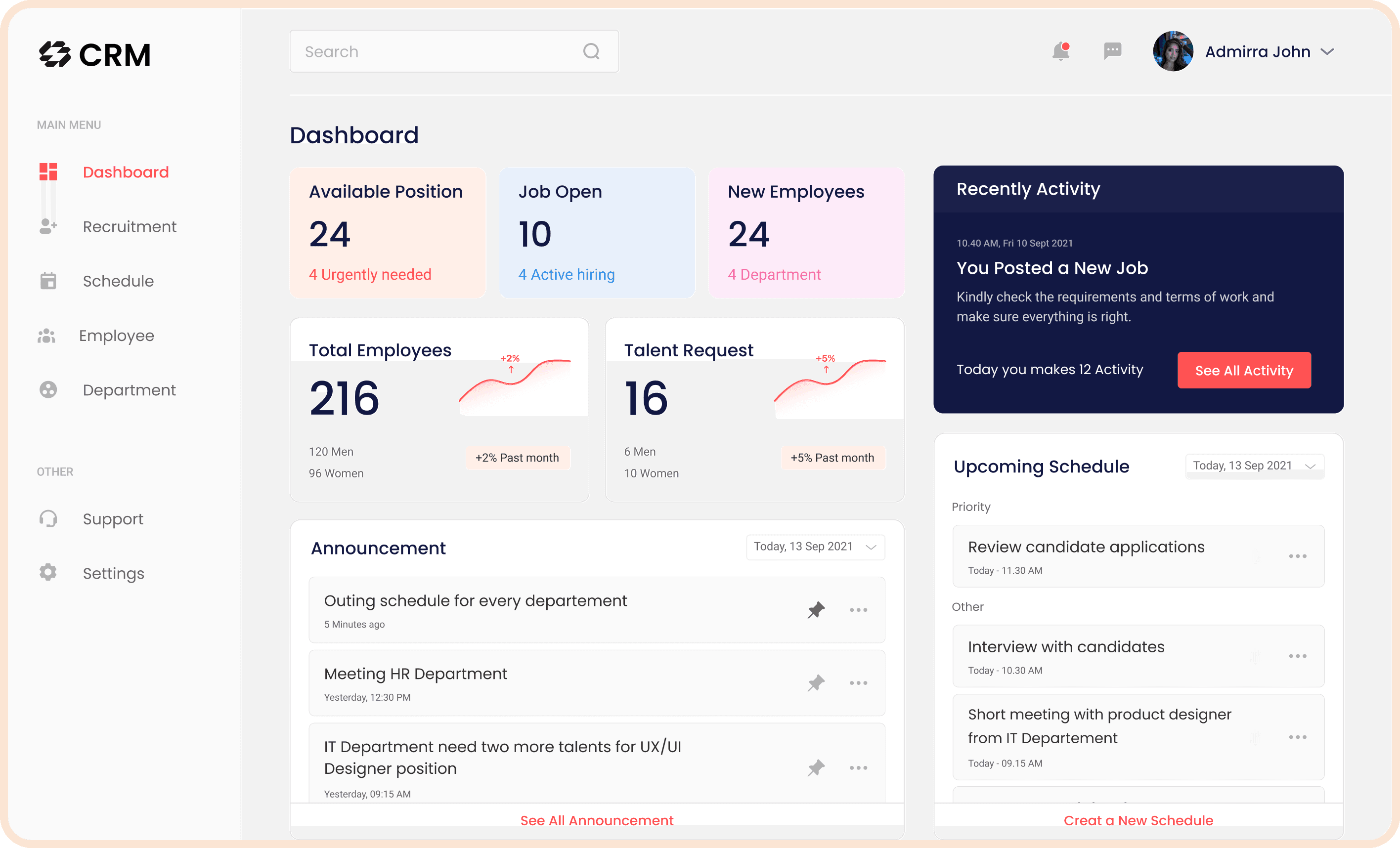 CRM web dashboard UI with employee stats, announcements, and schedule widgets.
